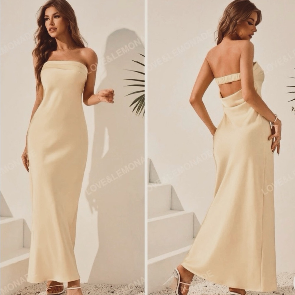 BRAND NEW Love & Lemonade IVORY Satin Strapless Cowl Open Back Maxi Long Dress L